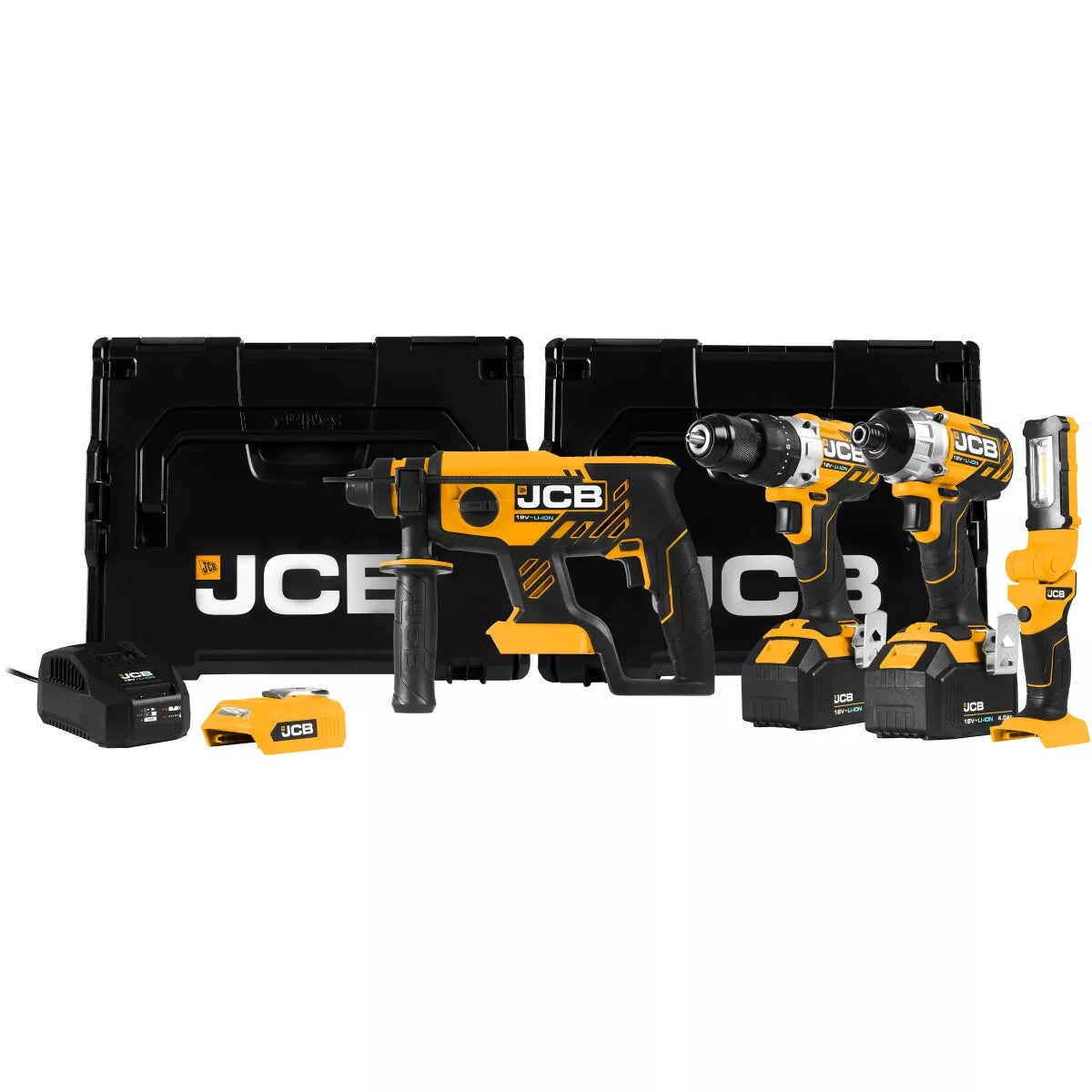 JCB 21-184PK-VI Cordless 18v Brushless 4pc Kit - Drill, Driver, SDS, Inspection Light